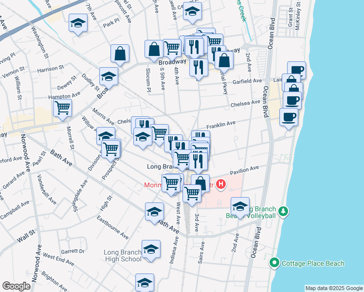 map of restaurants, bars, coffee shops, grocery stores, and more near 170 Westwood Avenue in Long Branch