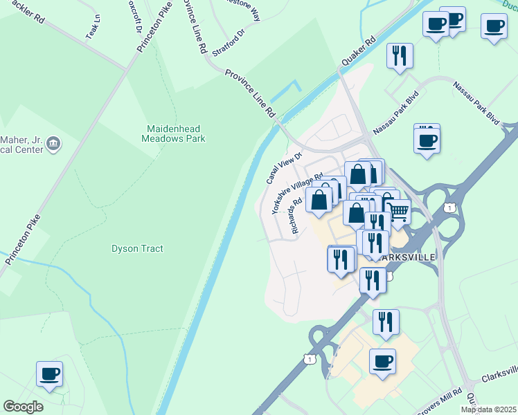 map of restaurants, bars, coffee shops, grocery stores, and more near 25 Canal View Drive in Lawrence Township