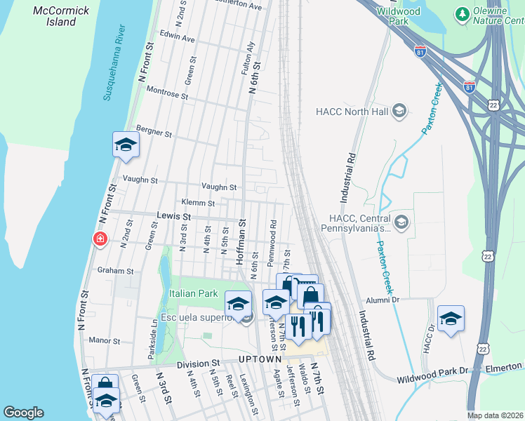map of restaurants, bars, coffee shops, grocery stores, and more near 640 Alricks Street in Harrisburg