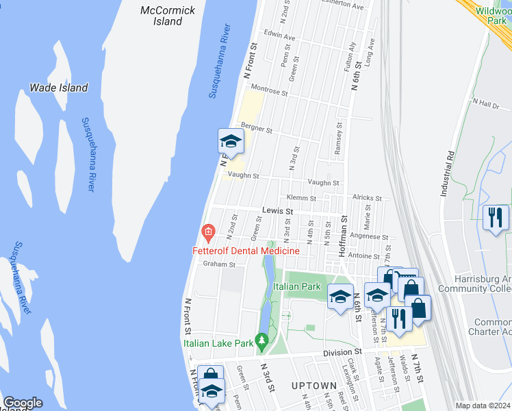 map of restaurants, bars, coffee shops, grocery stores, and more near 3221 North 2nd Street in Harrisburg