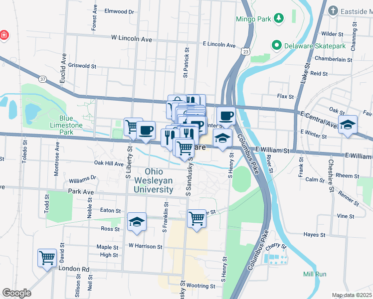 map of restaurants, bars, coffee shops, grocery stores, and more near in Delaware
