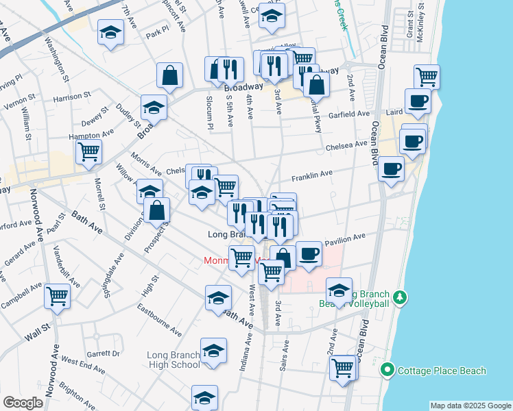 map of restaurants, bars, coffee shops, grocery stores, and more near 170 Westwood Avenue in Long Branch
