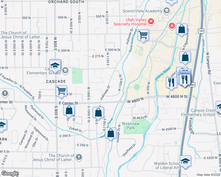 map of restaurants, bars, coffee shops, grocery stores, and more near 105 North Palisades Drive in Orem