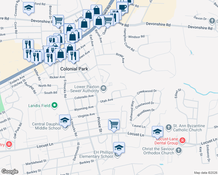 map of restaurants, bars, coffee shops, grocery stores, and more near 4926 Eastman Drive in Colonial Park