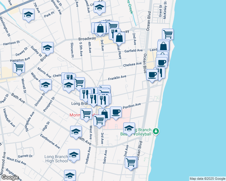 map of restaurants, bars, coffee shops, grocery stores, and more near 153 Morris Avenue in Long Branch