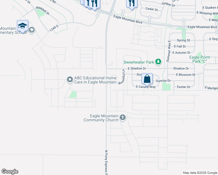map of restaurants, bars, coffee shops, grocery stores, and more near 3529 Sparrow Lane in Eagle Mountain