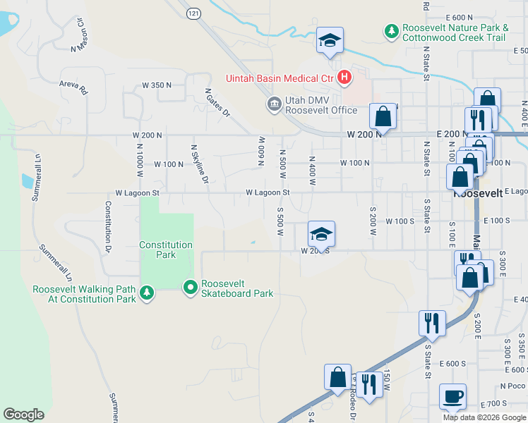 map of restaurants, bars, coffee shops, grocery stores, and more near 55 South 550 West in Roosevelt