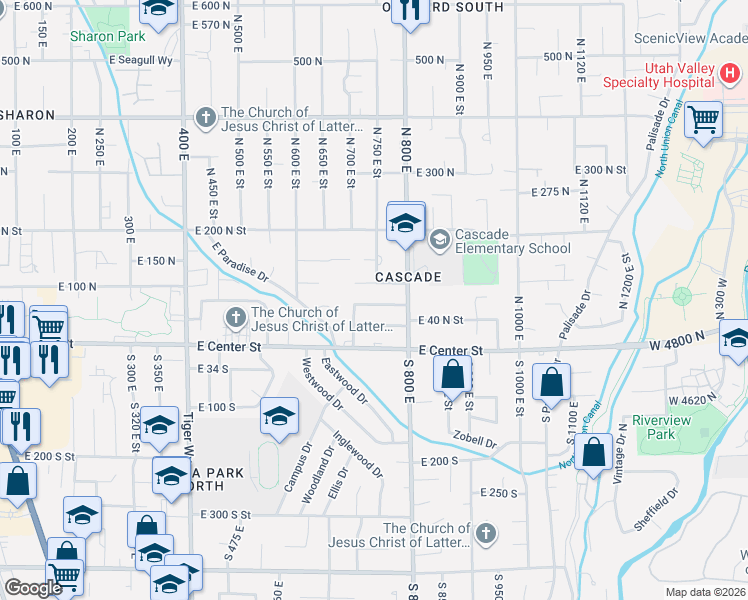 map of restaurants, bars, coffee shops, grocery stores, and more near 733 East 60 North in Orem