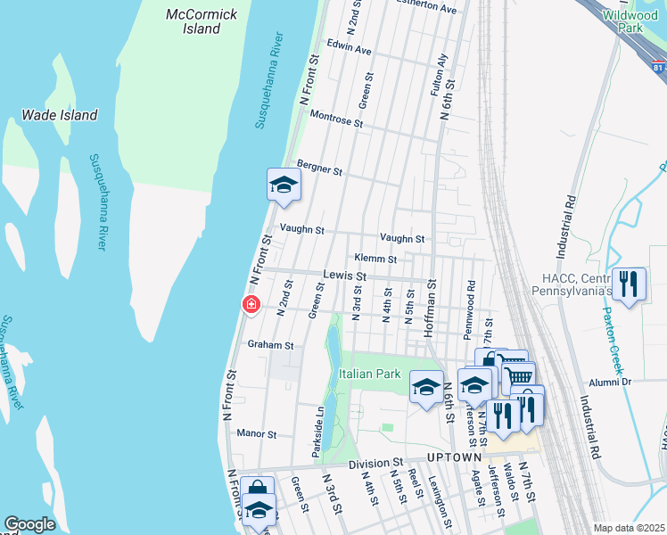 map of restaurants, bars, coffee shops, grocery stores, and more near 3219 Green Street in Harrisburg