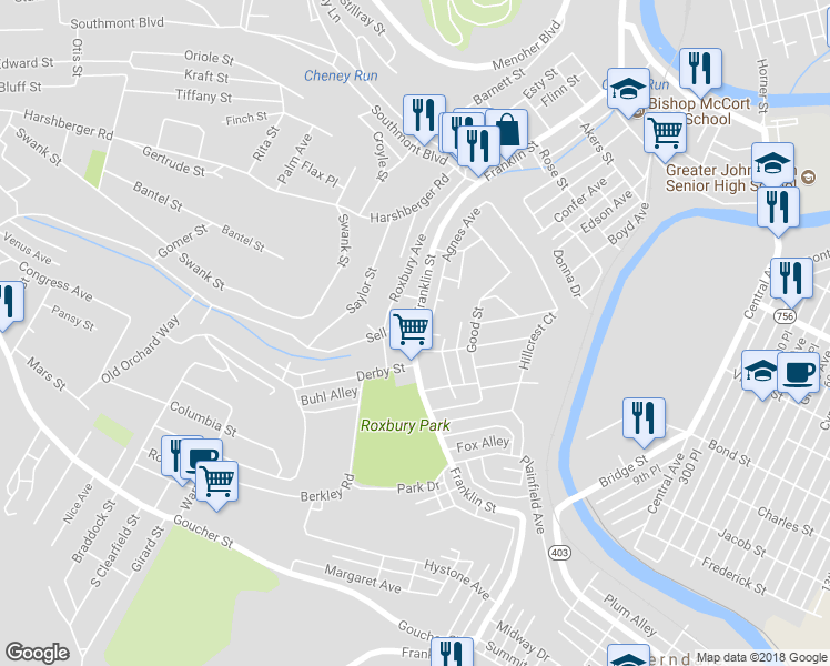 map of restaurants, bars, coffee shops, grocery stores, and more near 1317 Franklin Street in Johnstown
