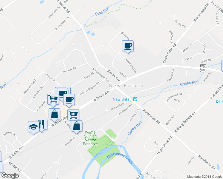 map of restaurants, bars, coffee shops, grocery stores, and more near 18901 West Butler Avenue in New Britain