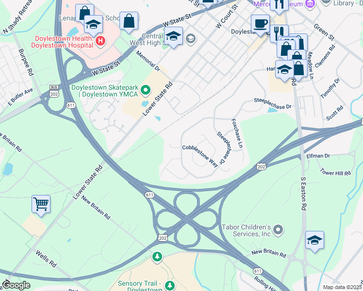 map of restaurants, bars, coffee shops, grocery stores, and more near 85 Steeplechase Drive in Doylestown