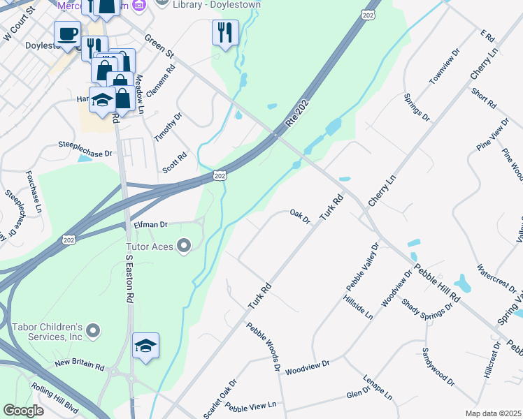 map of restaurants, bars, coffee shops, grocery stores, and more near 72 Oak Drive in Doylestown