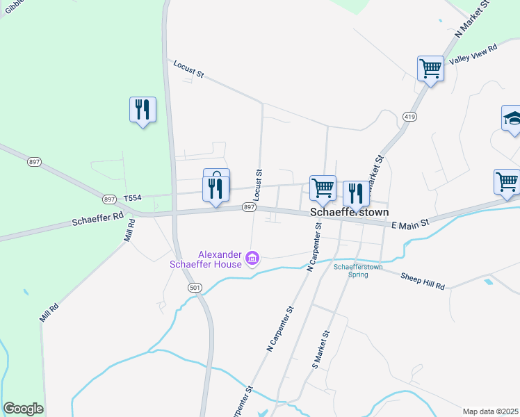 map of restaurants, bars, coffee shops, grocery stores, and more near 501 Pennsylvania 897 in Reinholds