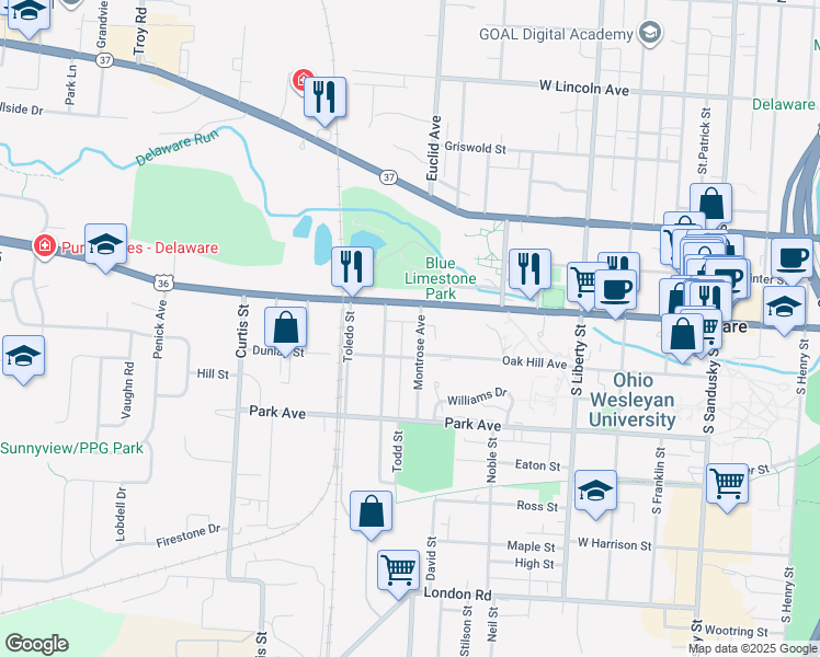 map of restaurants, bars, coffee shops, grocery stores, and more near 285 West William Street in Delaware
