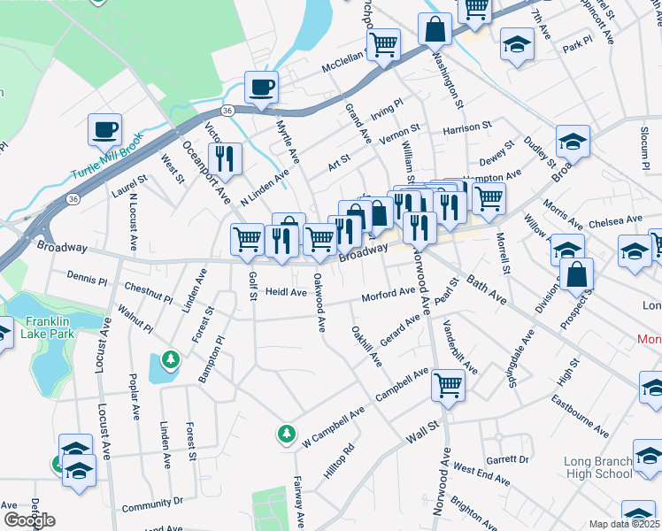 map of restaurants, bars, coffee shops, grocery stores, and more near 689 Broadway in Long Branch