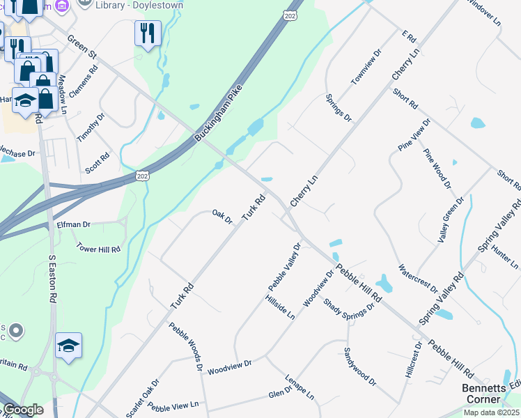 map of restaurants, bars, coffee shops, grocery stores, and more near 2394 Turk Road in Doylestown