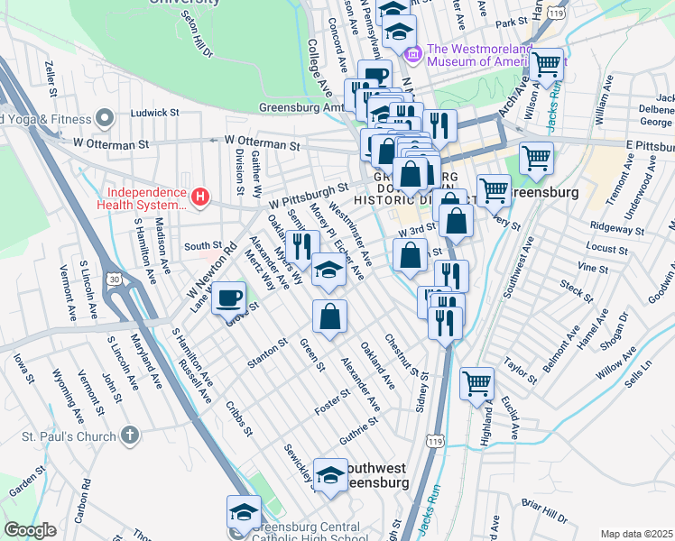 map of restaurants, bars, coffee shops, grocery stores, and more near 316 West 3rd Street in Greensburg