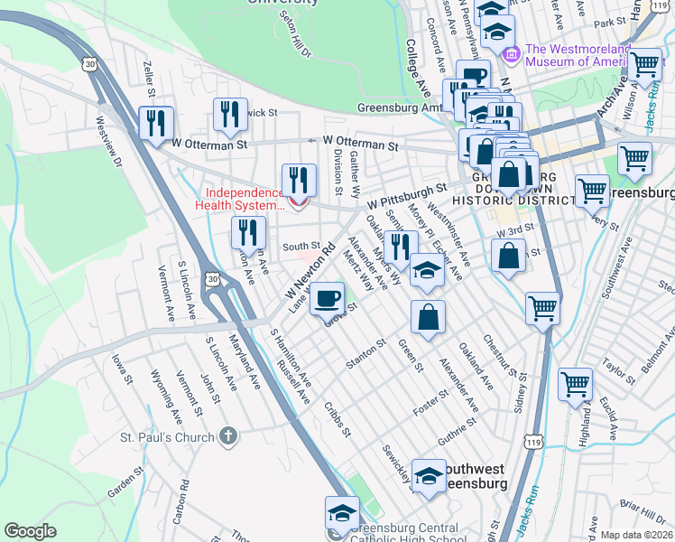 map of restaurants, bars, coffee shops, grocery stores, and more near 538 West Newton Street in Greensburg