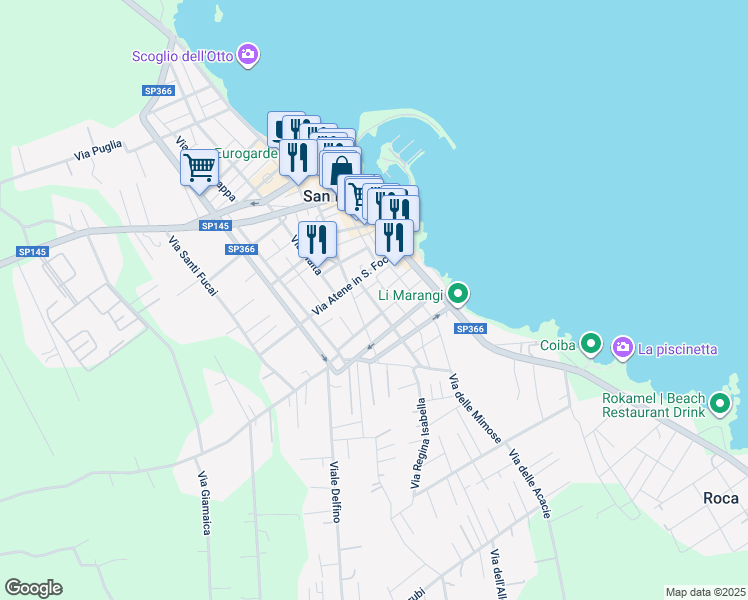 map of restaurants, bars, coffee shops, grocery stores, and more near 2 Via dell'Aviere in San Foca