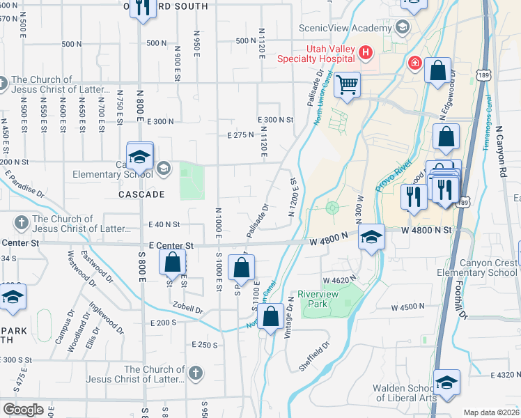 map of restaurants, bars, coffee shops, grocery stores, and more near 105 North Palisades Drive in Orem