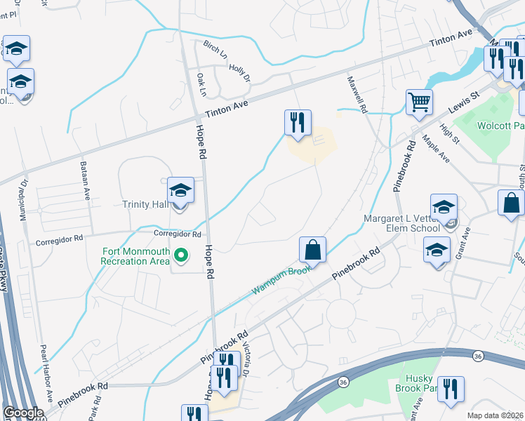 map of restaurants, bars, coffee shops, grocery stores, and more near Megill Drive in Eatontown