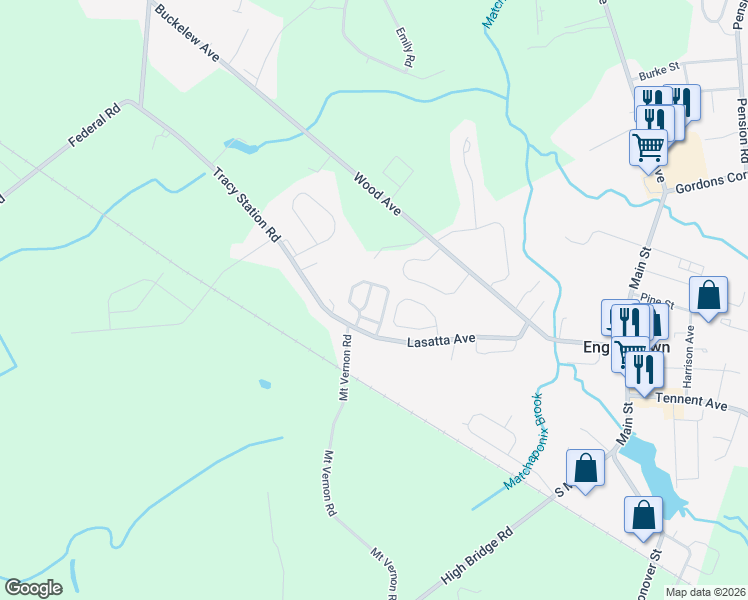 map of restaurants, bars, coffee shops, grocery stores, and more near 72 English Club Drive in Englishtown