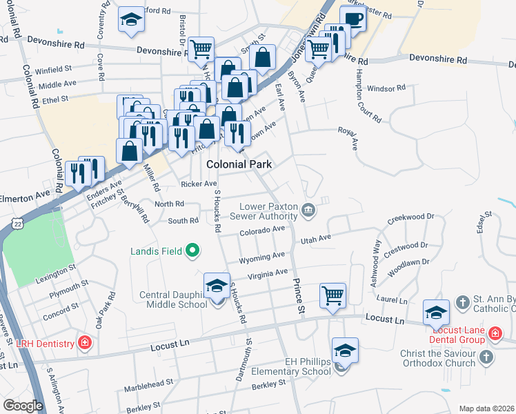 map of restaurants, bars, coffee shops, grocery stores, and more near 4751 Count Street in Harrisburg