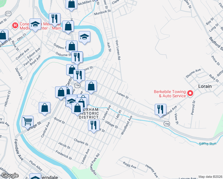 map of restaurants, bars, coffee shops, grocery stores, and more near 347 Highland Avenue in Johnstown