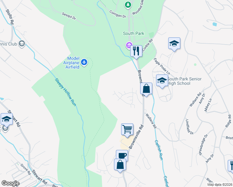 map of restaurants, bars, coffee shops, grocery stores, and more near 1484 Greenbriar Drive in South Park Township