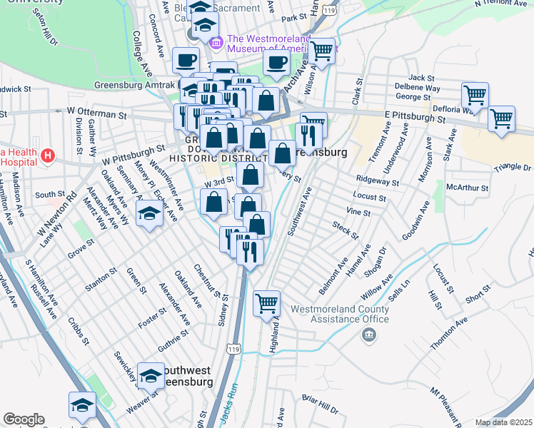 map of restaurants, bars, coffee shops, grocery stores, and more near 429 South Maple Avenue in Greensburg
