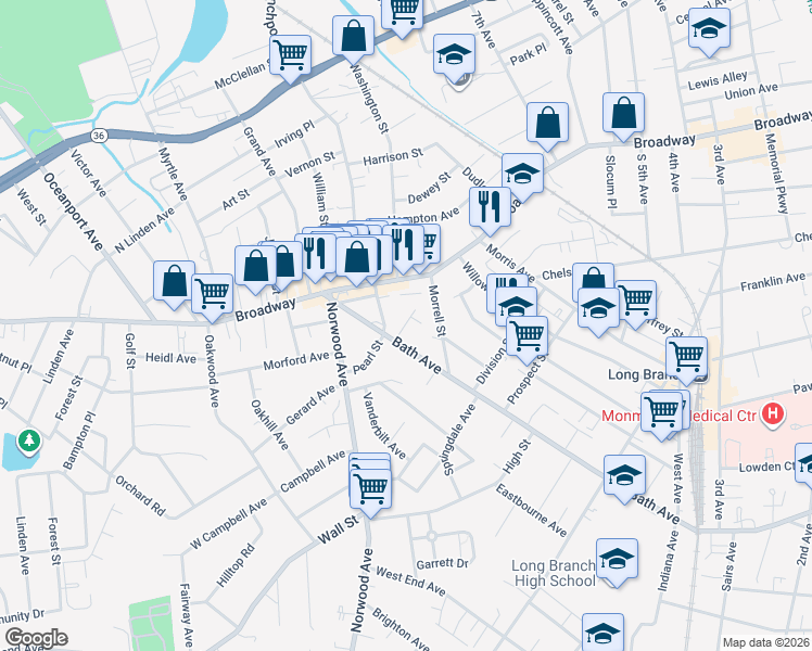 map of restaurants, bars, coffee shops, grocery stores, and more near 23 Emmons Street in Long Branch