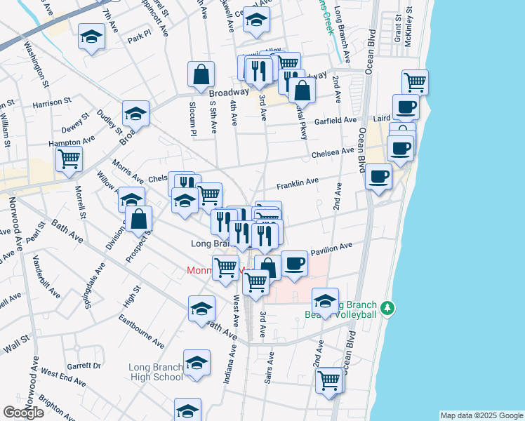 map of restaurants, bars, coffee shops, grocery stores, and more near 158 3rd Avenue in Long Branch