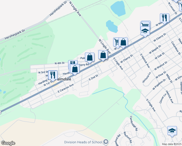 map of restaurants, bars, coffee shops, grocery stores, and more near 1647 East Caracas Avenue in Hershey