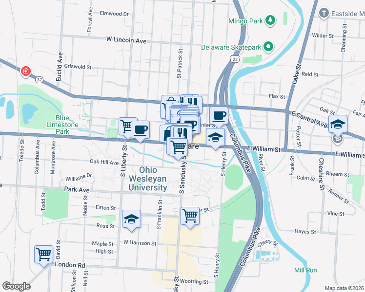 map of restaurants, bars, coffee shops, grocery stores, and more near in Delaware