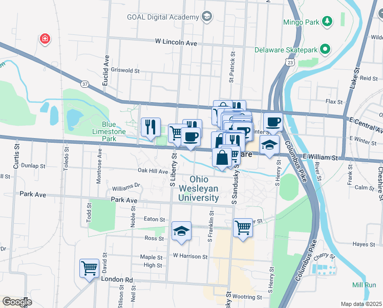 map of restaurants, bars, coffee shops, grocery stores, and more near 93 West William Street in Delaware