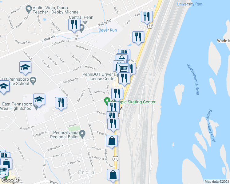 map of restaurants, bars, coffee shops, grocery stores, and more near 24 Queen Avenue in Enola