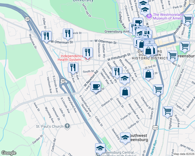 map of restaurants, bars, coffee shops, grocery stores, and more near 538 West Newton Street in Greensburg