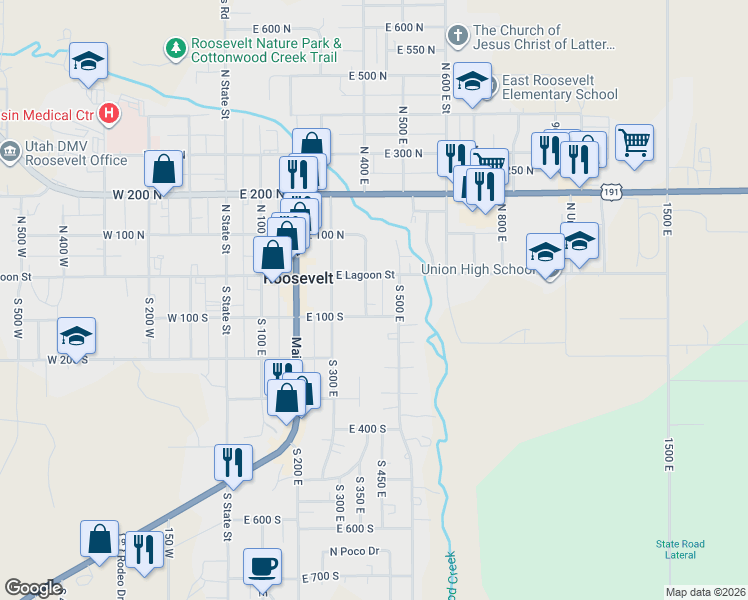 map of restaurants, bars, coffee shops, grocery stores, and more near 61 South 400 East in Roosevelt