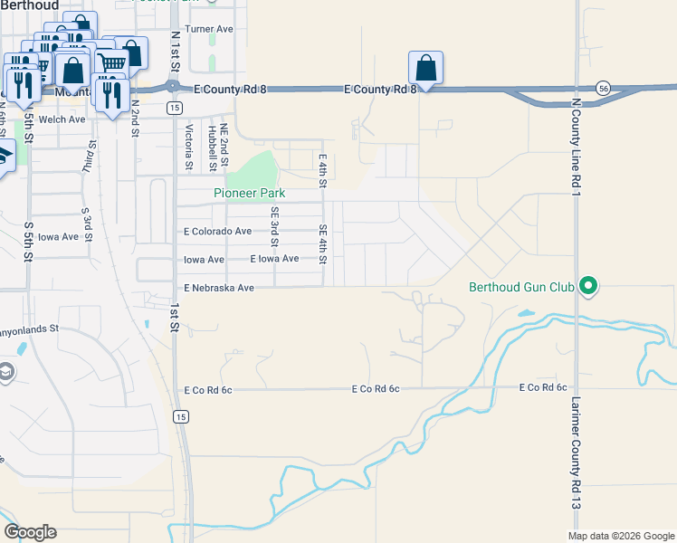 map of restaurants, bars, coffee shops, grocery stores, and more near 318 Southeast 4th Street in Berthoud