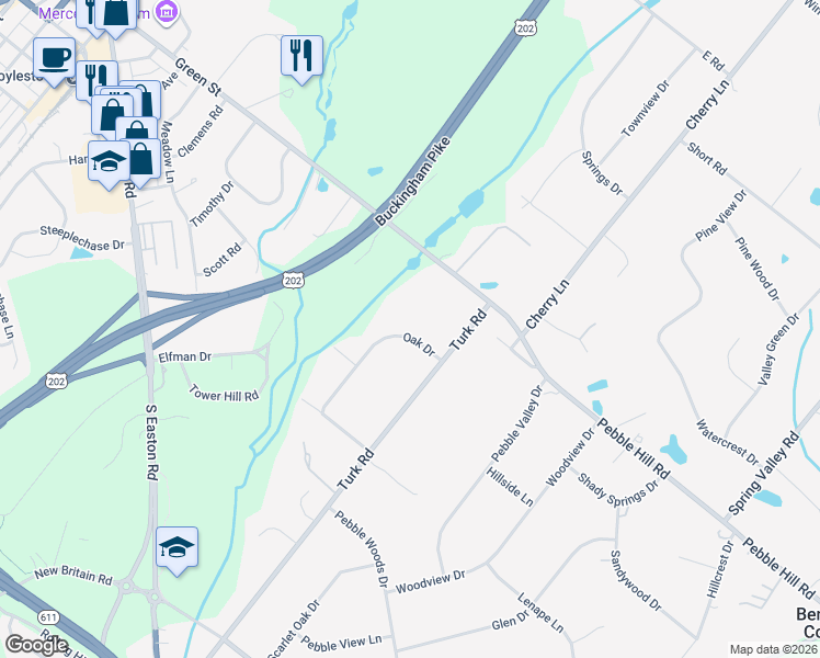 map of restaurants, bars, coffee shops, grocery stores, and more near 86 Oak Drive in Doylestown
