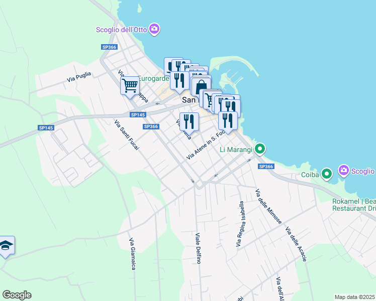 map of restaurants, bars, coffee shops, grocery stores, and more near 64 Via Malta in San Foca