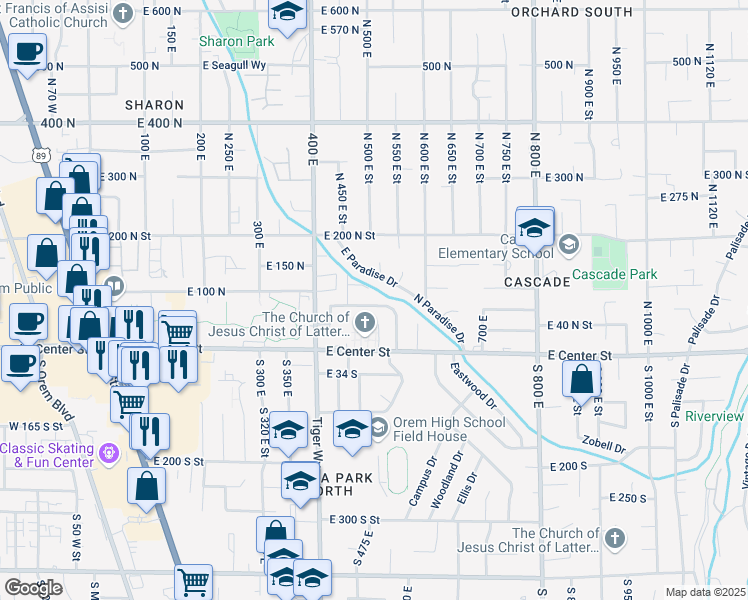 map of restaurants, bars, coffee shops, grocery stores, and more near 478 East 130 North in Orem