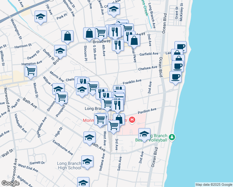 map of restaurants, bars, coffee shops, grocery stores, and more near 158 3rd Avenue in Long Branch