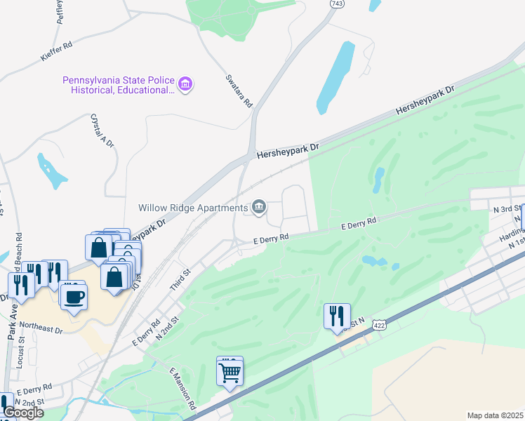 map of restaurants, bars, coffee shops, grocery stores, and more near 19 Carousel Circle in Hershey