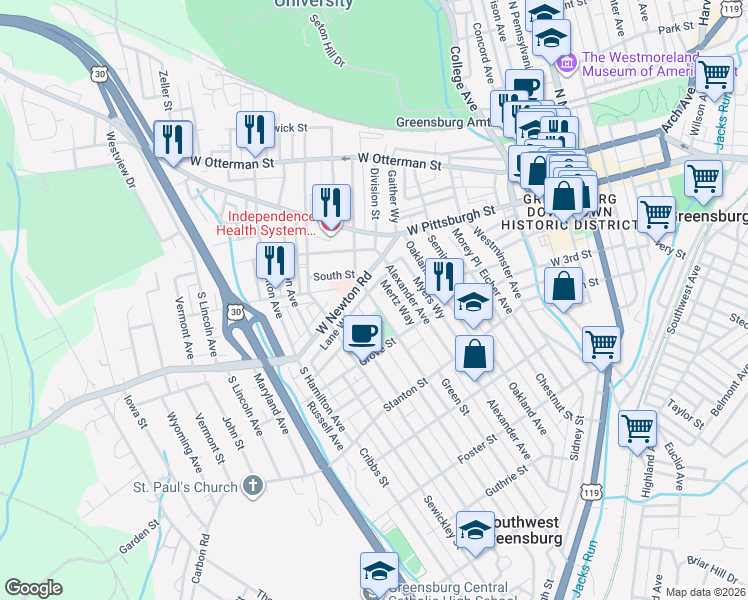 map of restaurants, bars, coffee shops, grocery stores, and more near 538 West Newton Street in Greensburg