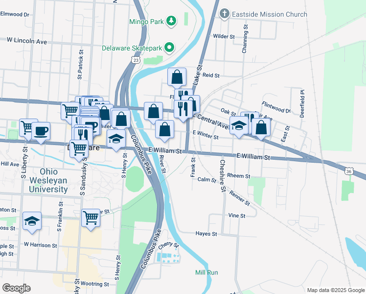 map of restaurants, bars, coffee shops, grocery stores, and more near 17 Lewis Street in Delaware