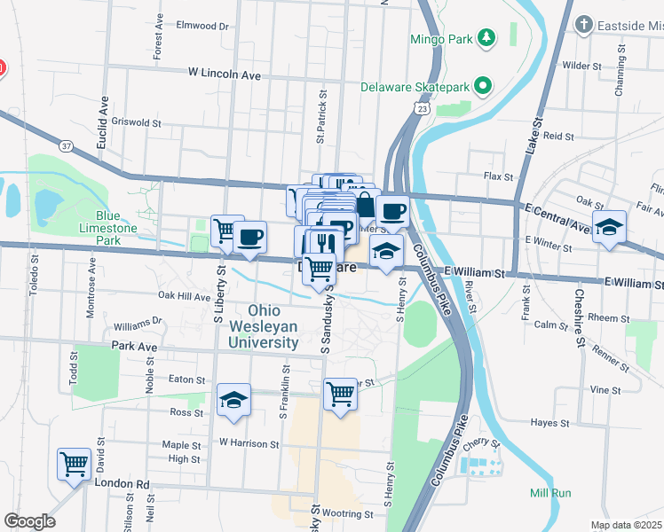 map of restaurants, bars, coffee shops, grocery stores, and more near in Delaware