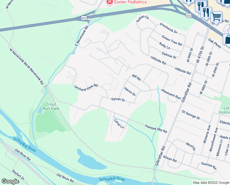 map of restaurants, bars, coffee shops, grocery stores, and more near 2704 Orchard View Road in Reading