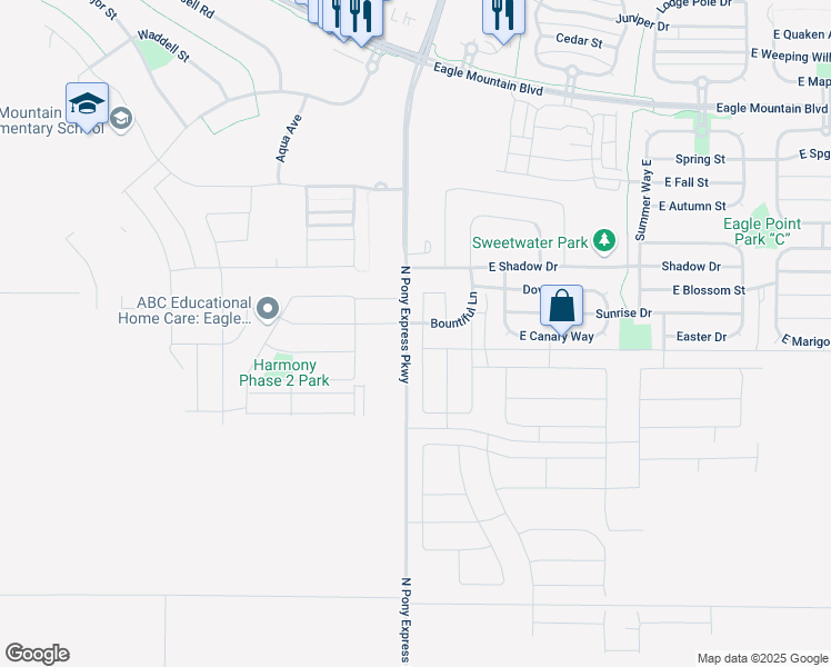 map of restaurants, bars, coffee shops, grocery stores, and more near 3529 Sparrow Lane in Eagle Mountain